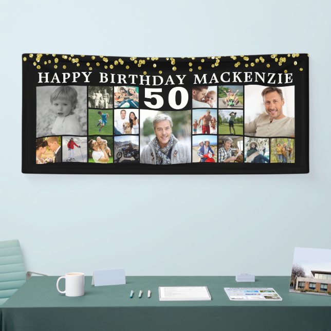 Birthday 19 Photo Collage Black Gold Confetti Banner (Tradeshow)