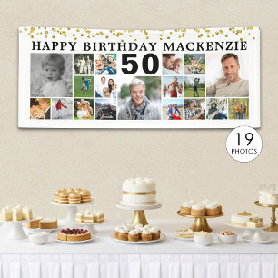 Birthday 19 Photo Collage Gold Confetti Custom Banner