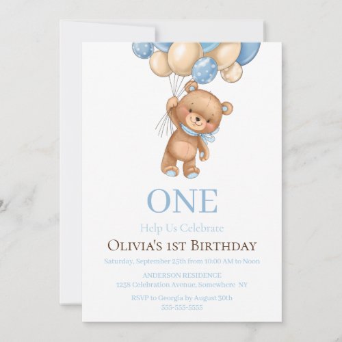 Birthday 1st Teddy Bear Balloon Boy Invitation 