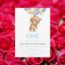 Birthday 1st Teddy Bear Balloon Boy Invitation 