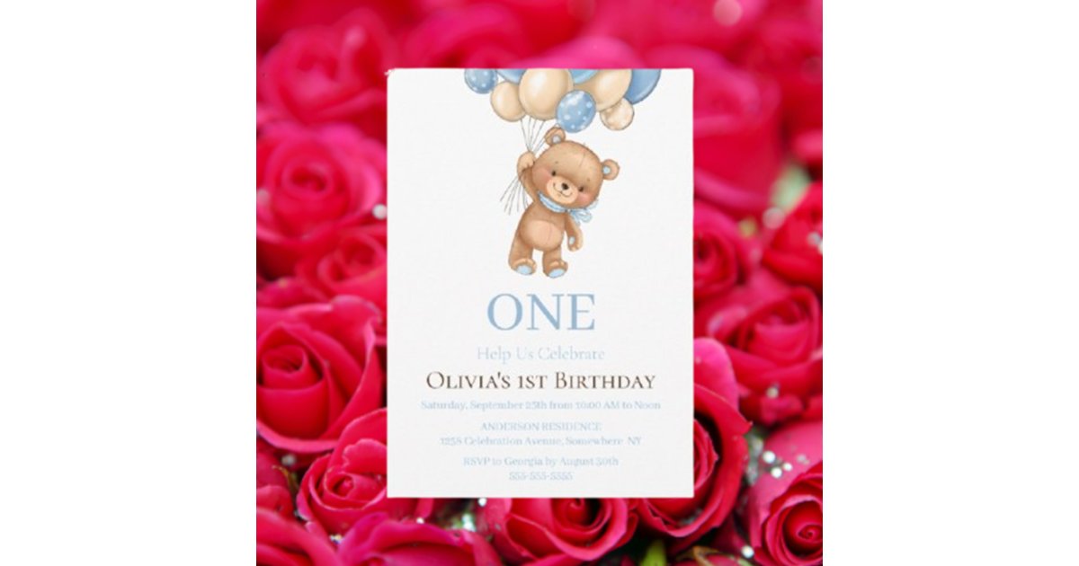 Birthday 1st Teddy Bear Balloon Boy Invitation | Zazzle