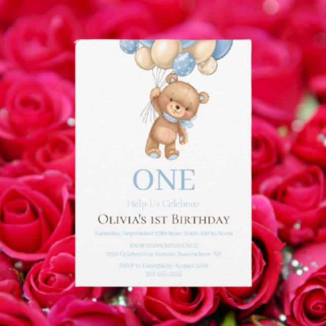 Birthday 1st Teddy Bear Balloon Boy Invitation  (Sweet Teddy Bear Baby Shower Invitations)