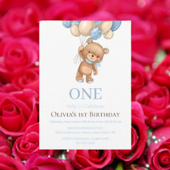 Birthday 1st Teddy Bear Balloon Boy Invitation | Zazzle