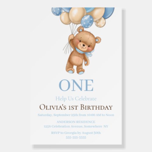 Birthday 1st Teddy Bear Balloon Boy Invitation Foam Board