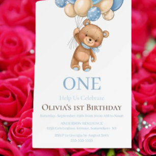 Birthday 1st Teddy Bear Balloon Boy Invitation Foam Board