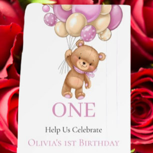 Birthday 1st Teddy Bear Pink Balloon Girl Foam Board