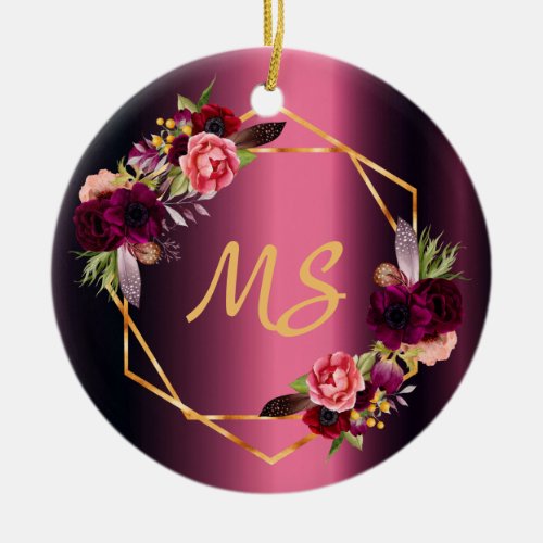 Birthday 21 burgundy floral monogram from friends ceramic ornament