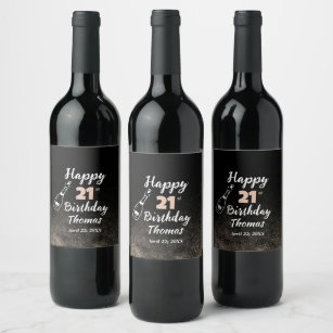 Birthday 21 st Men Black White Elegant Custom Wine Label