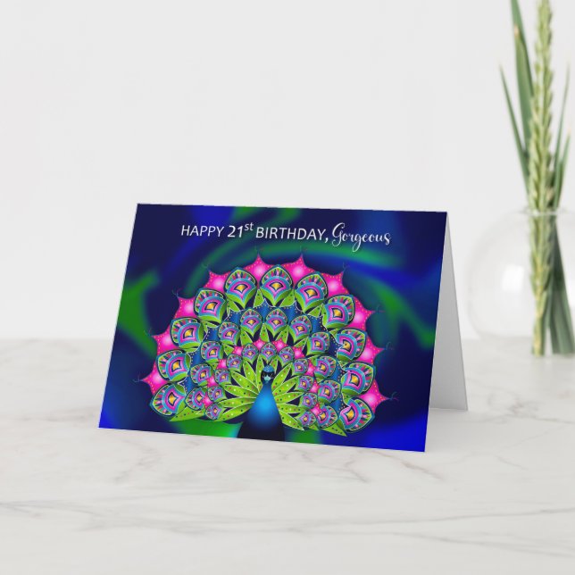 Birthday 21st Beautiful Colorful Peacock Card (Front)