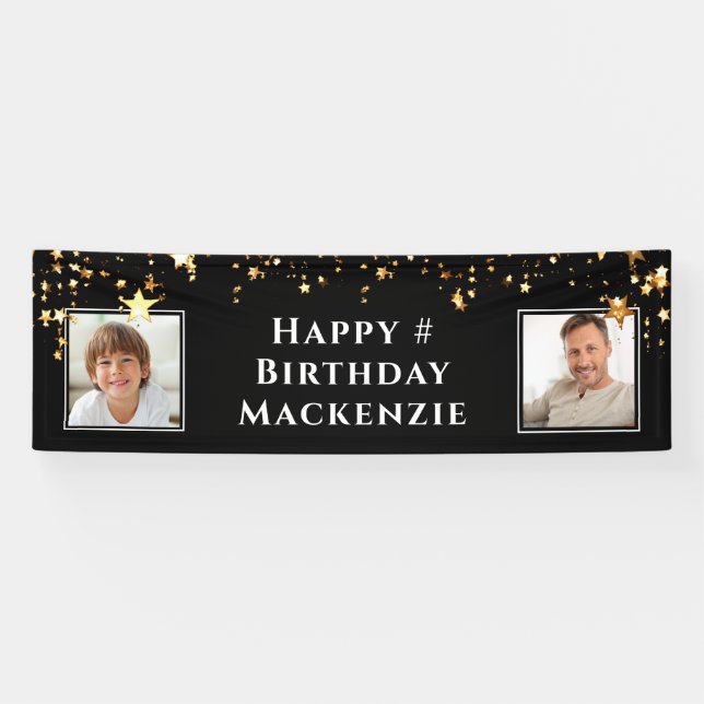 Birthday 2 Photo Black Gold Stars Personalized Banner (Horizontal)