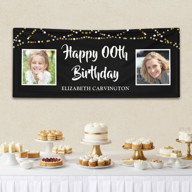 Birthday 2 Photos Black Gold Lights Personalized Banner (Creator Uploaded)