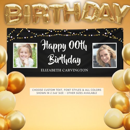 Birthday 2 Photos Black Gold Lights Personalized Banner