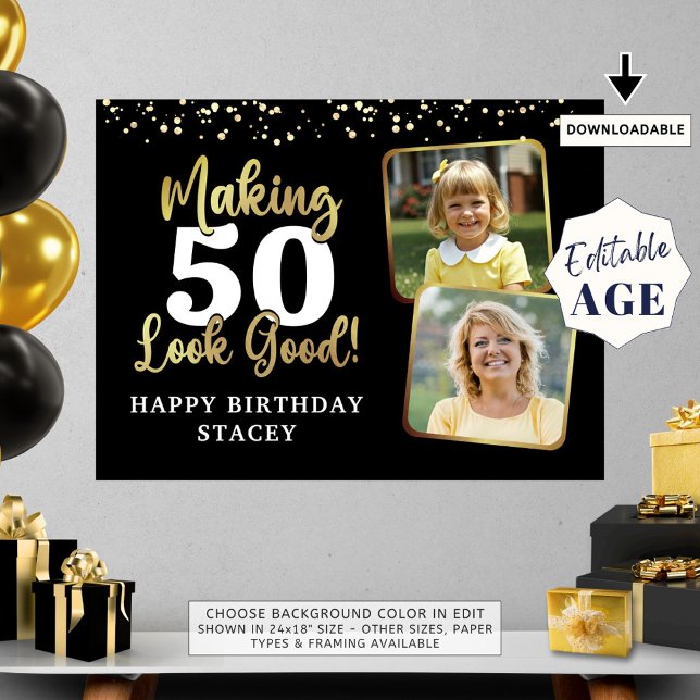 Birthday 2 Photos Making AGE Look Good Black Gold Poster (Creator Uploaded)