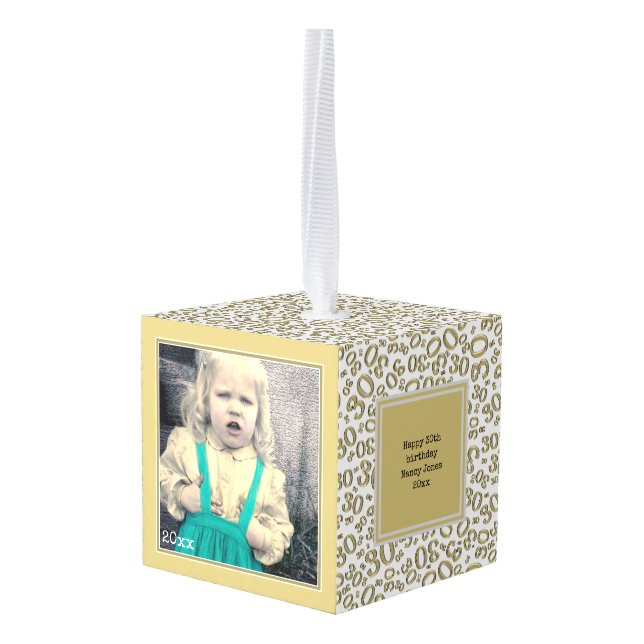 Birthday 30 Keepsake - White/Gold Number Pattern Cube Ornament (Back Angled)