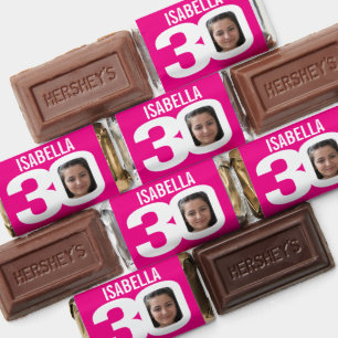 Birthday 30th pink white now and then photo name hershey's miniatures
