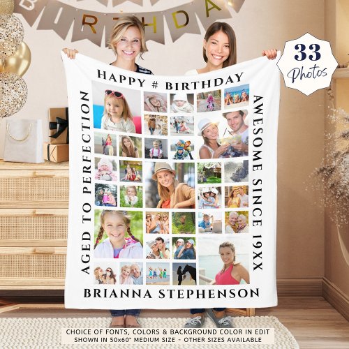 Birthday 33 Photo Collage Custom Personalized Fleece Blanket