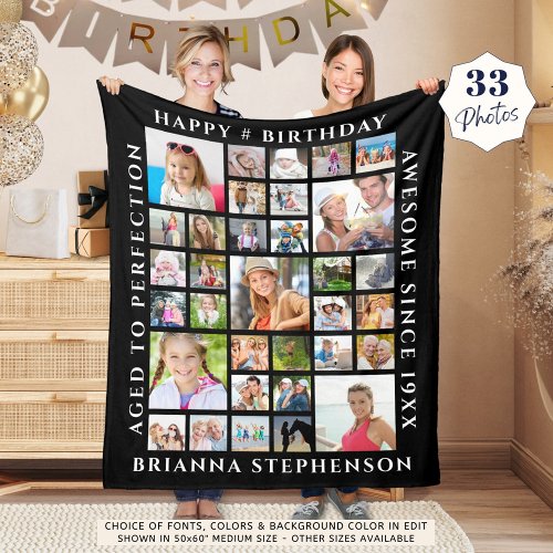 Birthday 33 Photo Collage Custom Personalized Fleece Blanket