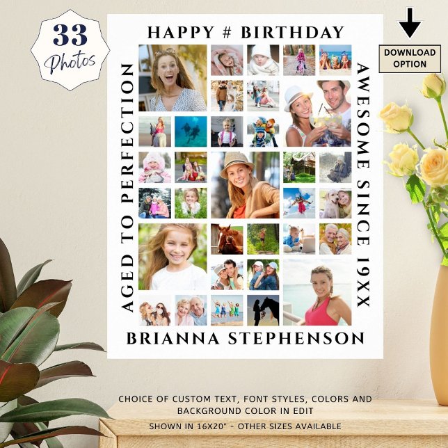 Birthday 33 Photo Collage Custom Personalized Poster (Creator Uploaded)