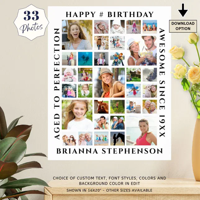 Birthday 33 Photo Collage Custom Personalized Poster | Zazzle