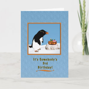Birthday, 3rd, Penquin and Cake Card