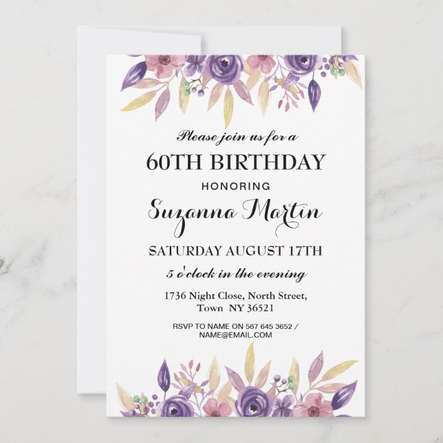 Birthday 40th 60th Lavender Floral Vintage Invite (Front)