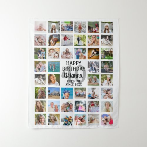 Birthday 44 Photo Collage Party Backdrop - Easily create a photo collage wall hanging tapestry for any age birthday party backdrop decor with 44 pictures of memories through the years to celebrate him or her. The sample shows age 40 and HAPPY BIRTHDAY NAME and established date but all text is editable to personalize with  your custom text. PHOTO TIP:  For fastest/best results, choose photos with the subject in the middle and/or pre-crop it to a square shape BEFORE uploading and use the CHANGE tab in the PERSONALIZE section. NOTE that pixelation/blurry warnings may occur due to enlarging your photos and you may want to resize your original photo using a free online photo resizing service or the designer may help you.. CHANGES:  Change the background color, choose a styled graphics background or change the text font style, size, color or placement by clicking on CUSTOMIZE FURTHER for a custom look. Contact the designer via Zazzle Chat or makeitaboutyoustore@gmail.com if you'd like this design modified or on another product.