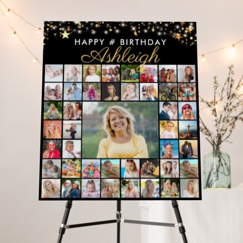 Birthday 45 Photo Collage Black Gold Script Foam Board - Create a birthday photo memory display foam board utilizing this easy-to-upload photo collage template with 45 pictures of him or her through the years for a fun birthday party decoration and commemorative keepsake. The design features your custom text (the sample suggests HAPPY # BIRTHDAY NAME) in suggested fonts including an elegant handwritten script against an editable black background color you can change to a coordinating party theme color or favorite color. ASSISTANCE:  For help with design modification or personalization, color change, resizing or transferring the design to another product, contact the designer BEFORE ORDERING via the Zazzle Chat MESSAGE tab or email makeitaboutyoustore@gmail.com.