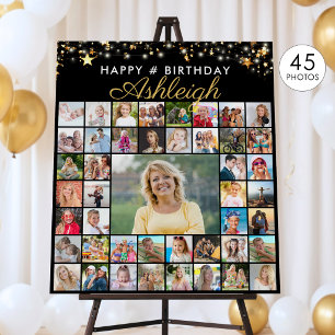 Birthday 45 Photo Collage Black Gold Script Foam Board