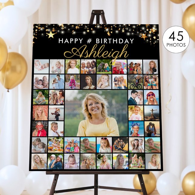 Birthday 45 Photo Collage Black Gold Script Foam Board (Creator Uploaded)