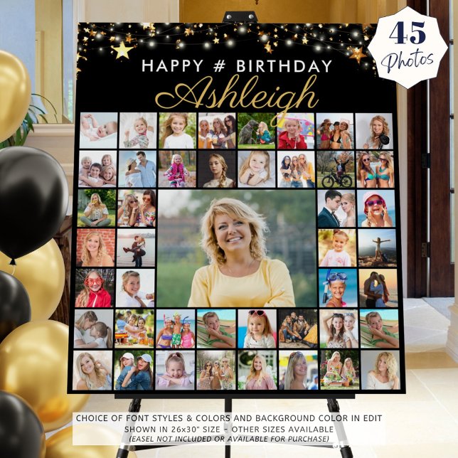 Birthday 45 Photo Collage Black Gold Script Foam Board (Creator Uploaded)