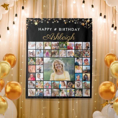 Birthday 45 Photo Collage Black Gold Stars Script Tapestry