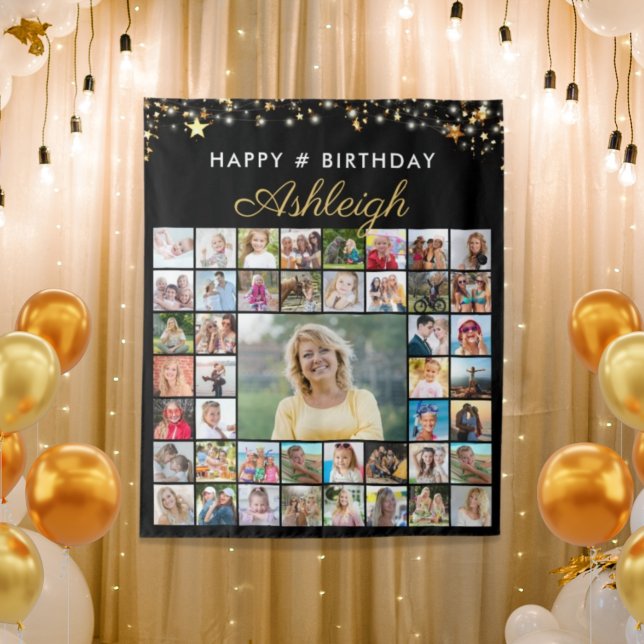 Birthday 45 Photo Collage Black Gold Stars Script Tapestry (Creator Uploaded)