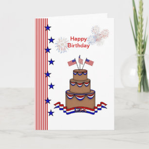 Birthday 4th of July.USA flag, stars,stripes,cake Card