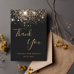 Birthday 50 black gold glitter glamorous thank you card<br><div class="desc">A thank you card for a 50th (or any age) birthday. A black background color,  decorated with faux gold glitter. On front large dark golden colored hand lettered script and the text: Thank You,  your text,  title and a date. 
Back: Template for Your thank you note and name.</div>