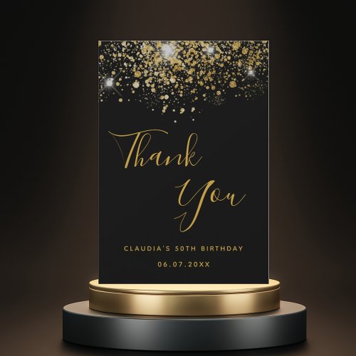 Birthday 50 black gold glitter glamorous thank you card