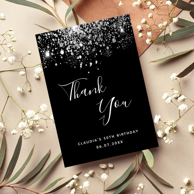 Birthday 50 black silver glitter glamorous thank you card (Creator Uploaded)