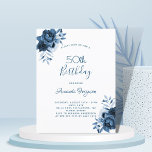 Birthday 50 blue florals white script postcard<br><div class="desc">On front: Decorated with florals, flowers, roses in shades of blue. Personalize and add a name and party details. The name and the text: 50th (or any age) Birthday are written with a hand lettered style script, blue colored letters. Perfect for a winter or spring birthday party! Back: postcard design....</div>