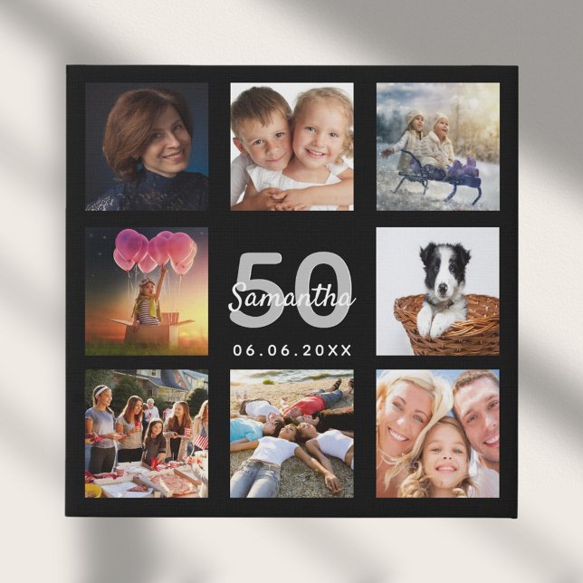 Birthday 50 custom photo collage black monogram faux canvas print (Creator Uploaded)