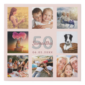 Birthday 50 custom photo collage rose gold name faux canvas print
