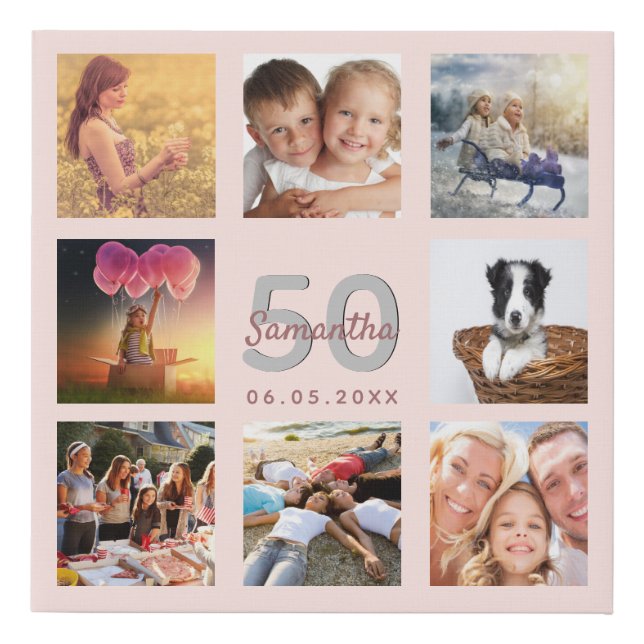 Birthday 50 custom photo collage rose gold name faux canvas print (Front)