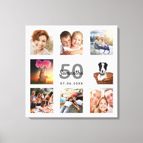 Birthday 50 custom photo collage white monogram canvas print