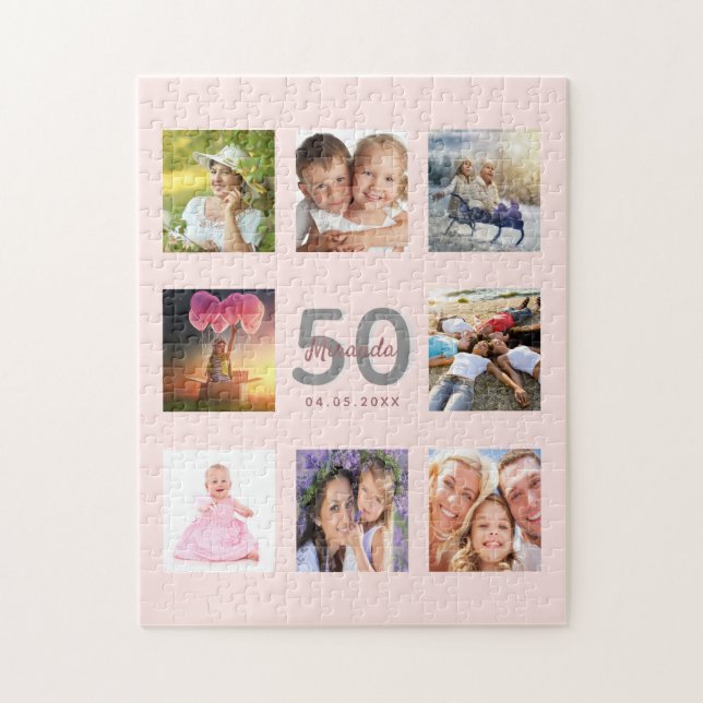 Birthday 50 custom photo rose gold blush pink jigsaw puzzle (Vertical)