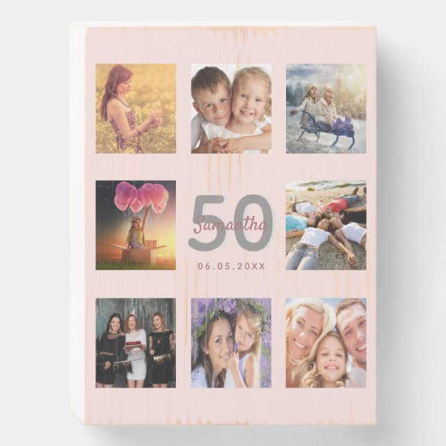 Birthday 50 custom photo rose gold blush pink wooden box sign (Front Vertical)