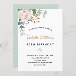 Birthday 50 floral eucalyptus gold green elegant invitation