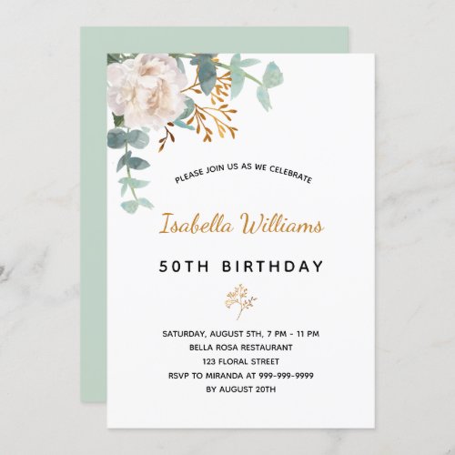 Birthday 50 floral eucalyptus gold green elegant invitation