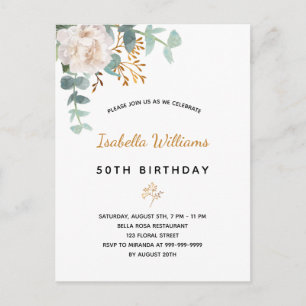 Birthday 50 floral eucalyptus gold green elegant postcard