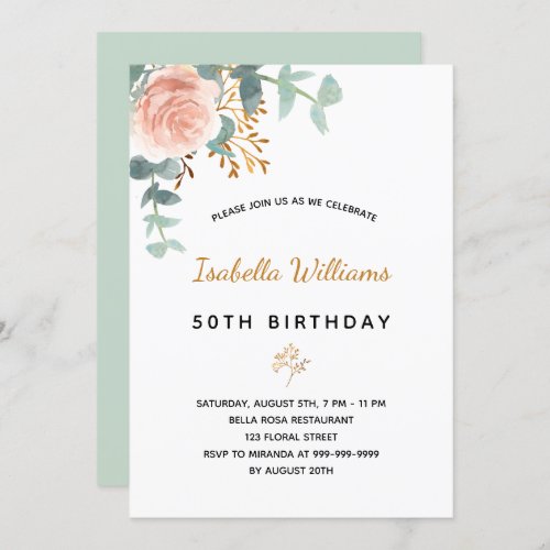 Birthday 50 floral eucalyptus rose gold elegant invitation