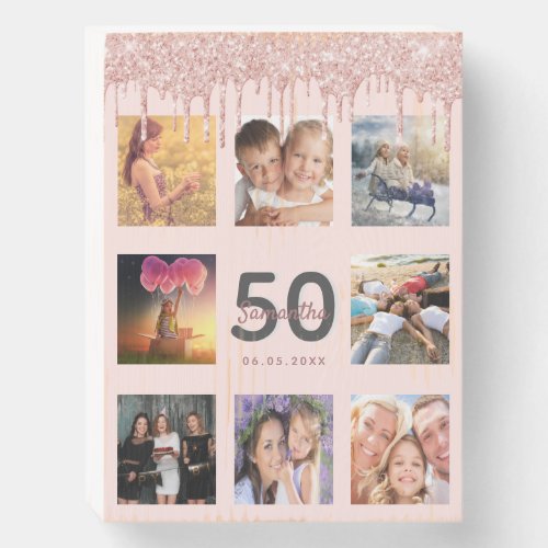 Birthday 50 glitter drips photo rose gold pink wooden box sign