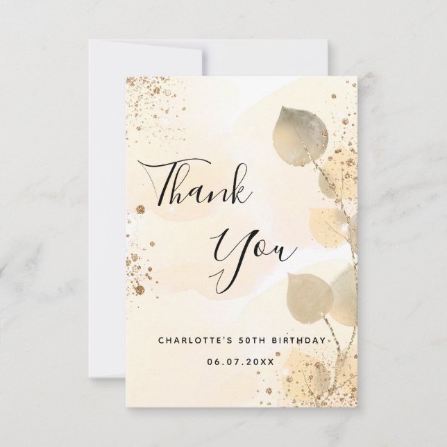 Birthday 50 golden eucalyptus modern glitter thank you card (Front)
