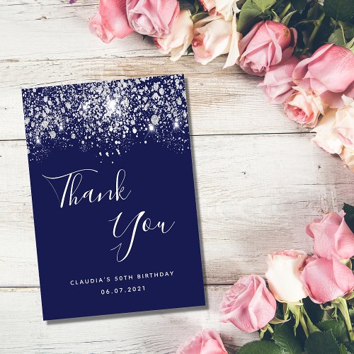 Birthday 50 navy blue silver glitter dust thank you card